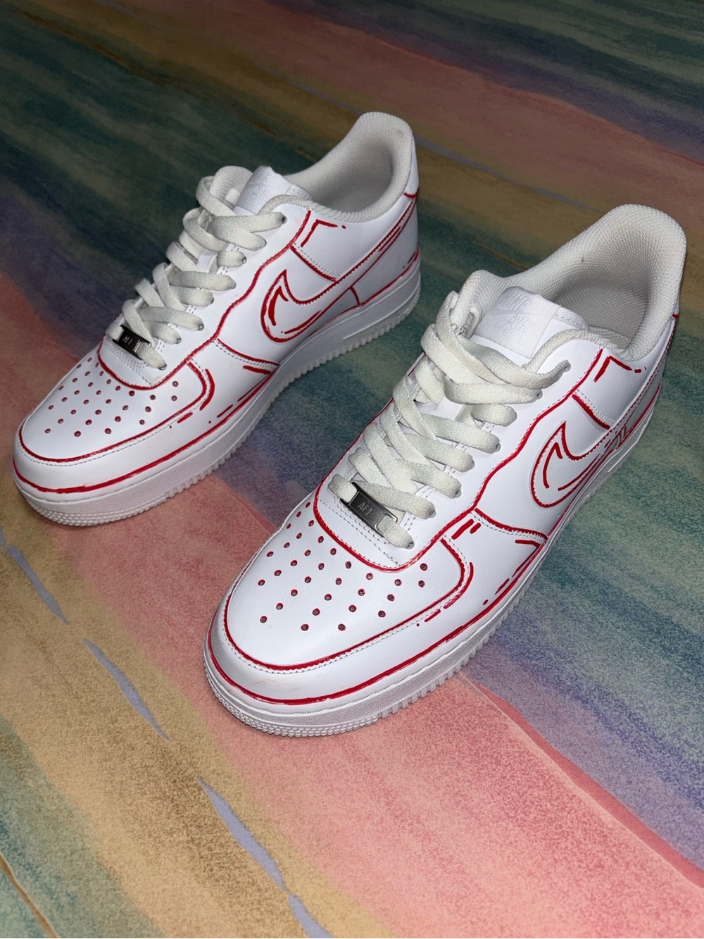 Nike Air Force 1 Custom White Shoes 'Red Outline' Sneaker Mens size 10.5